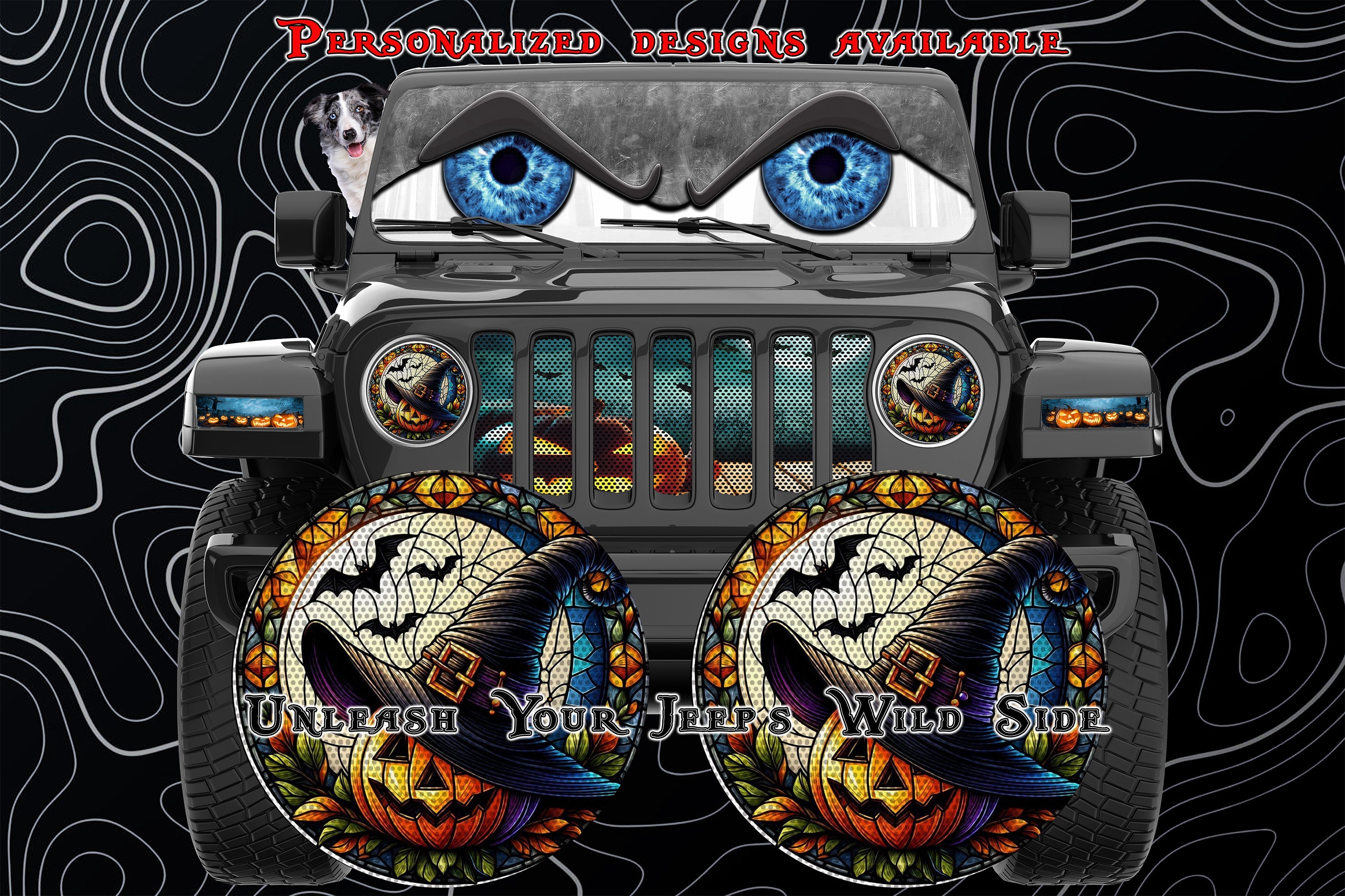 Pumpkin with which hat-stained glass round headlight decals