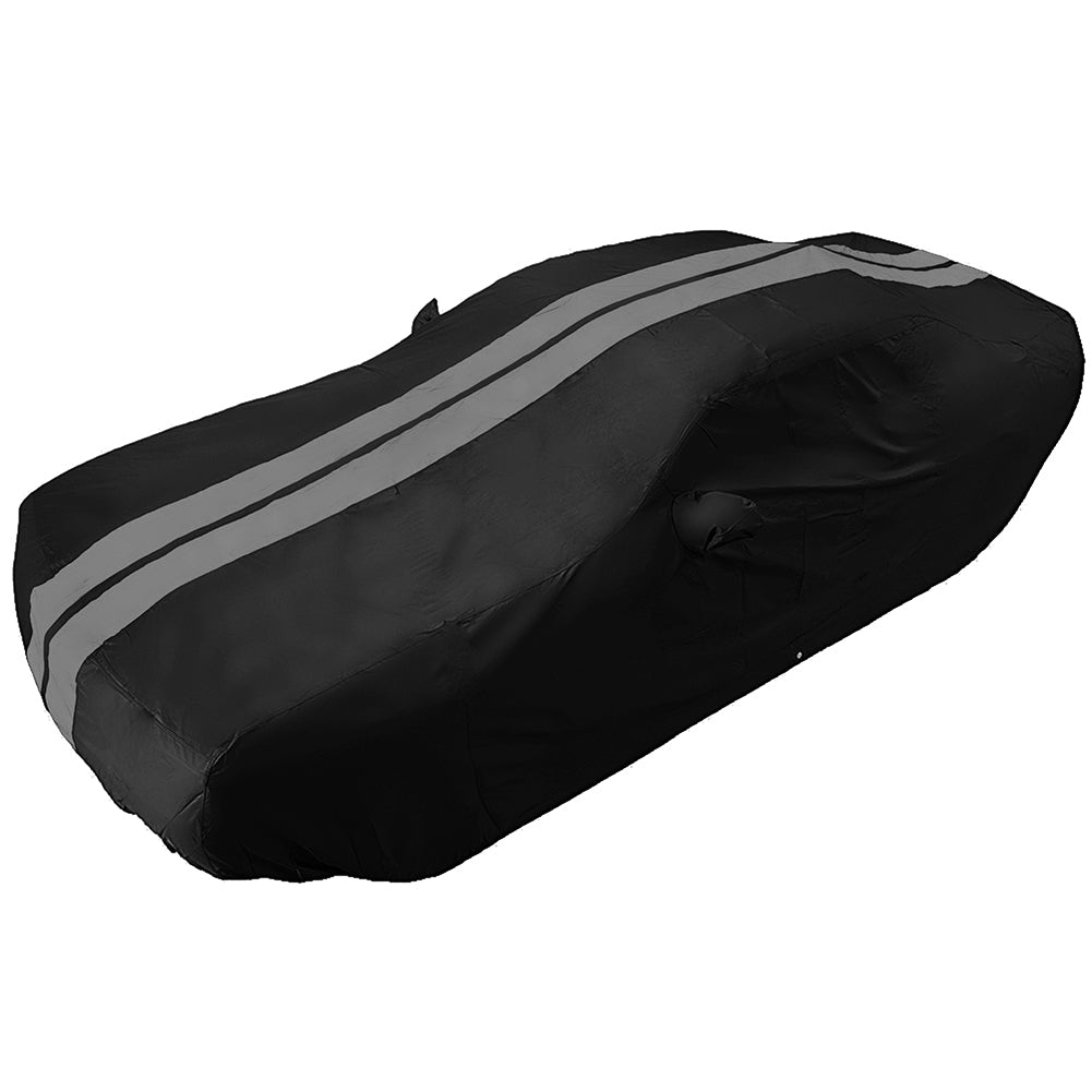 2008-2023 Dodge Challenger Ultraguard Plus Car Cover - 300D Indoor/Outdoor Protection - Black with Gray Stripes