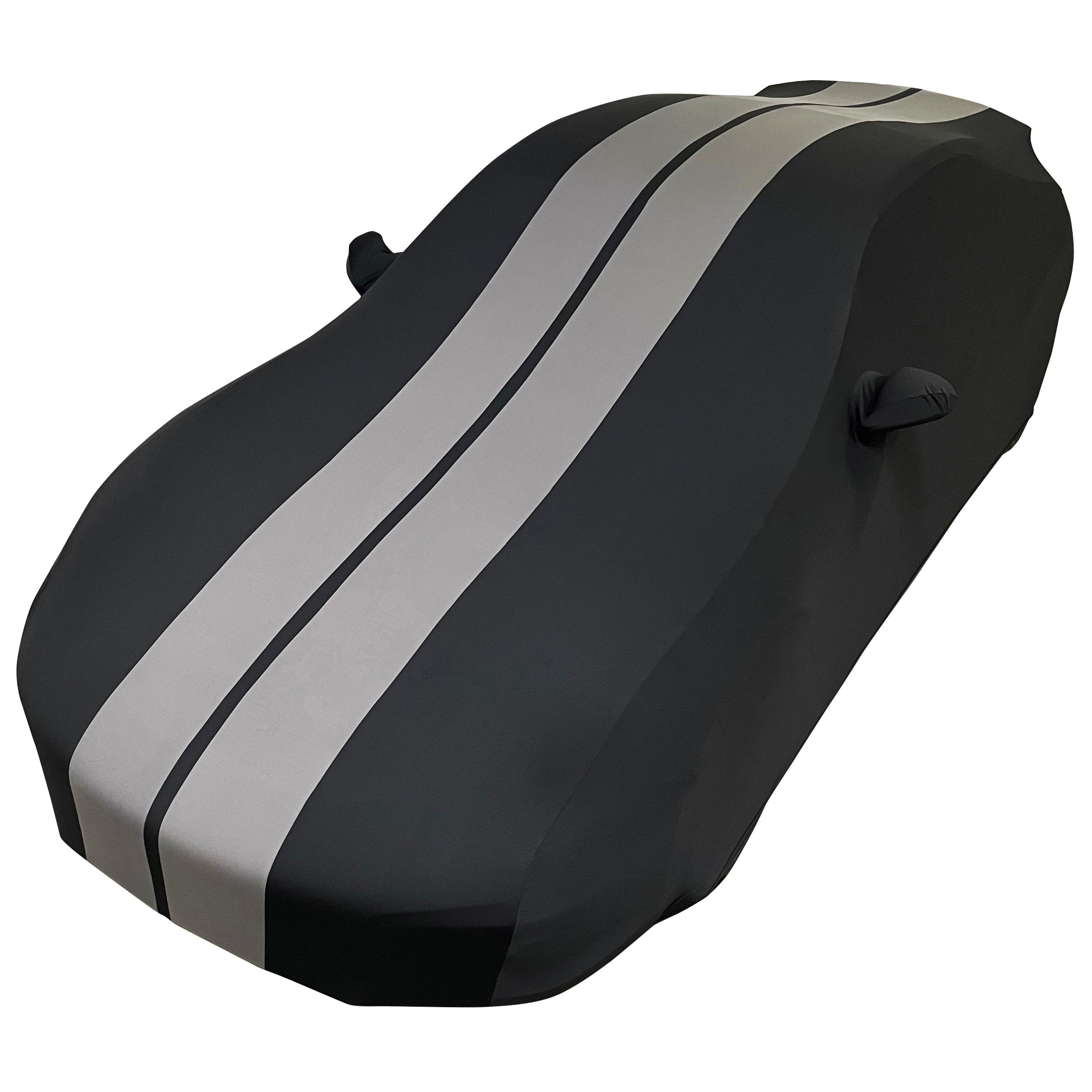 1999-2026 Porsche 911 / 718 Coupe/Carrera/Targa/Turbo GTS/Cayman/Boxster Ultraguard Stretch Satin Indoor Car Cover : Sport Series - Black with Dark Gray Stripes