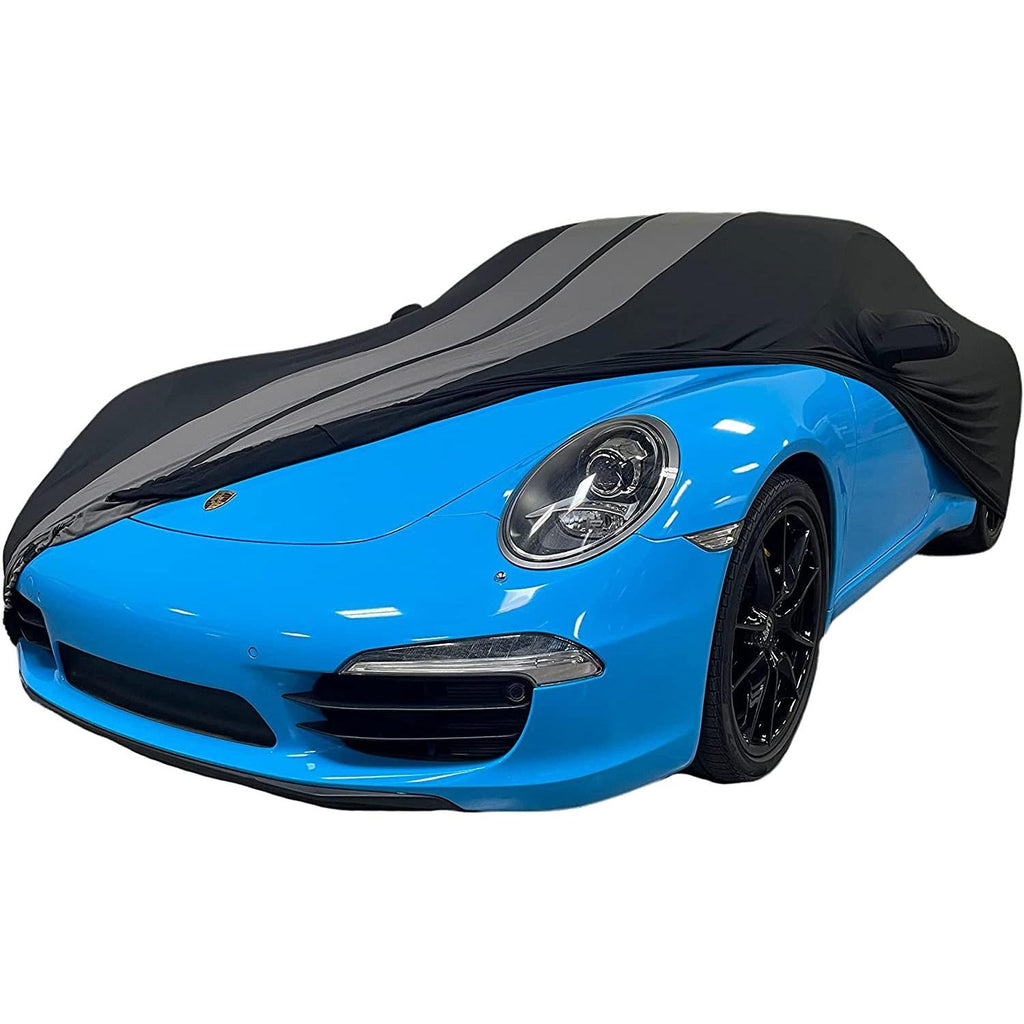 1999-2026 Porsche 911 / 718 Coupe/Carrera/Targa/Turbo GTS/Cayman/Boxster Ultraguard Stretch Satin Indoor Car Cover : Sport Series - Black with Dark Gray Stripes