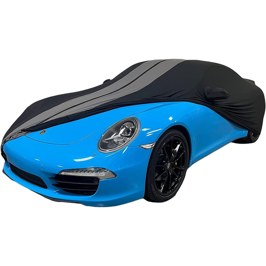 1999-2026 Porsche 911 / 718 Coupe/Carrera/Targa/Turbo GTS/Cayman/Boxster Ultraguard Stretch Satin Indoor Car Cover : Sport Series - Black with Dark Gray Stripes