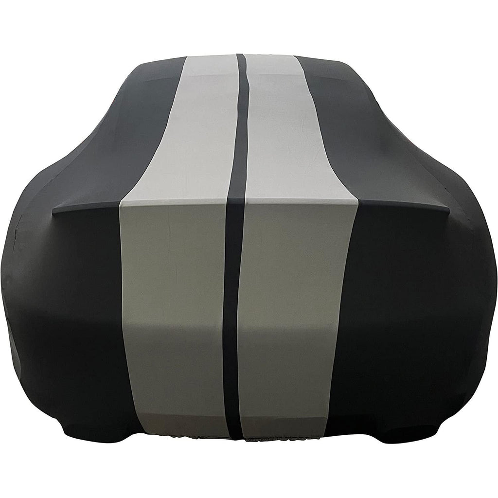 1999-2026 Porsche 911 / 718 Coupe/Carrera/Targa/Turbo GTS/Cayman/Boxster Ultraguard Stretch Satin Indoor Car Cover : Sport Series - Black with Dark Gray Stripes