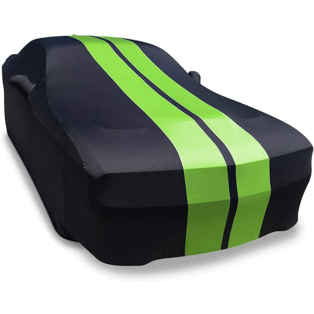 2008-2023 Dodge Challenger Ultraguard Stretch Satin Indoor Car Cover : Sport Series - Black with Green Stripes