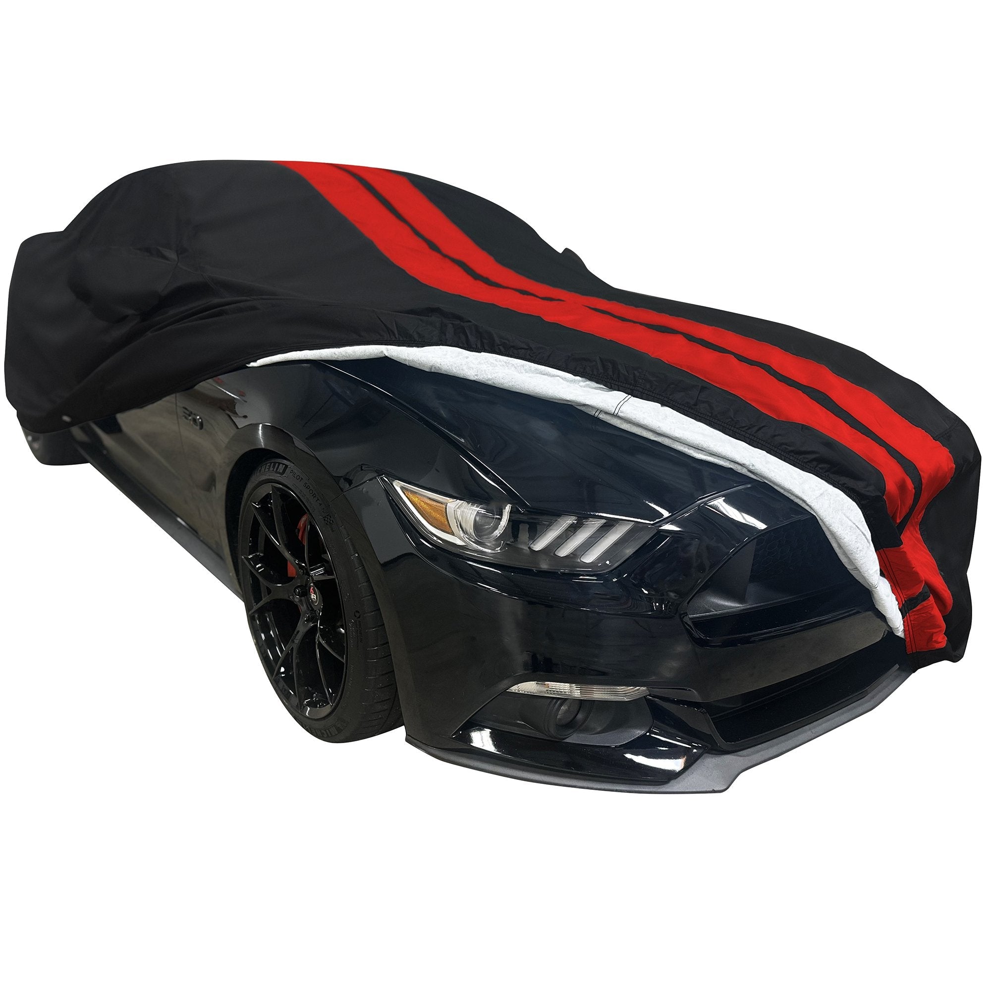2005-2024 Ford Mustang Ultraguard Plus Car Cover - 300D Indoor/Outdoor Protection - Black with Red Stripes